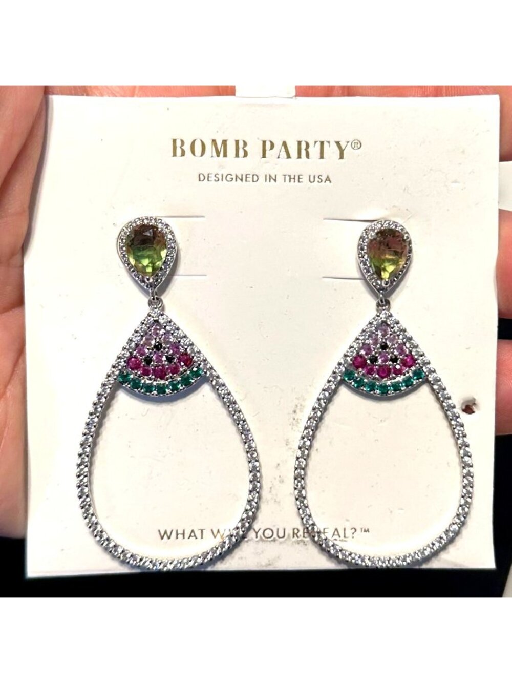 Bomb Party Summer Time Pink Crystal Pierced 2.5 Inch Earrings Original Card